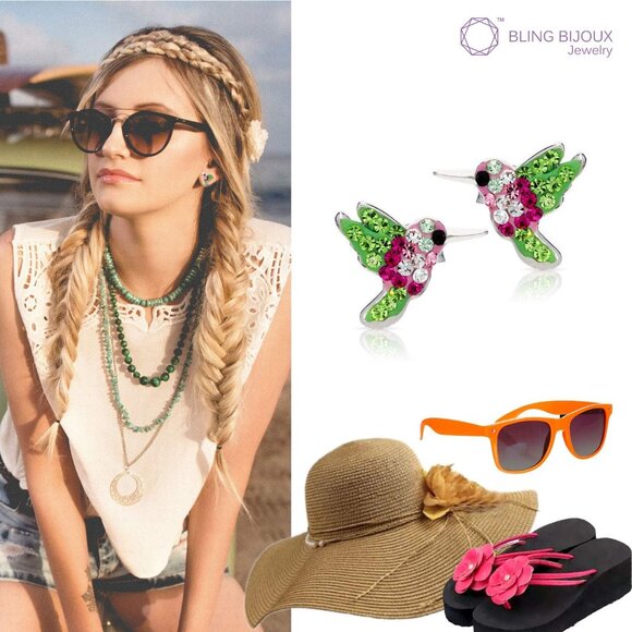 Women's Colorful Crystal Hummingbird Rust 925 Sterling Silver Natural Earrings - Picture 5 of 5